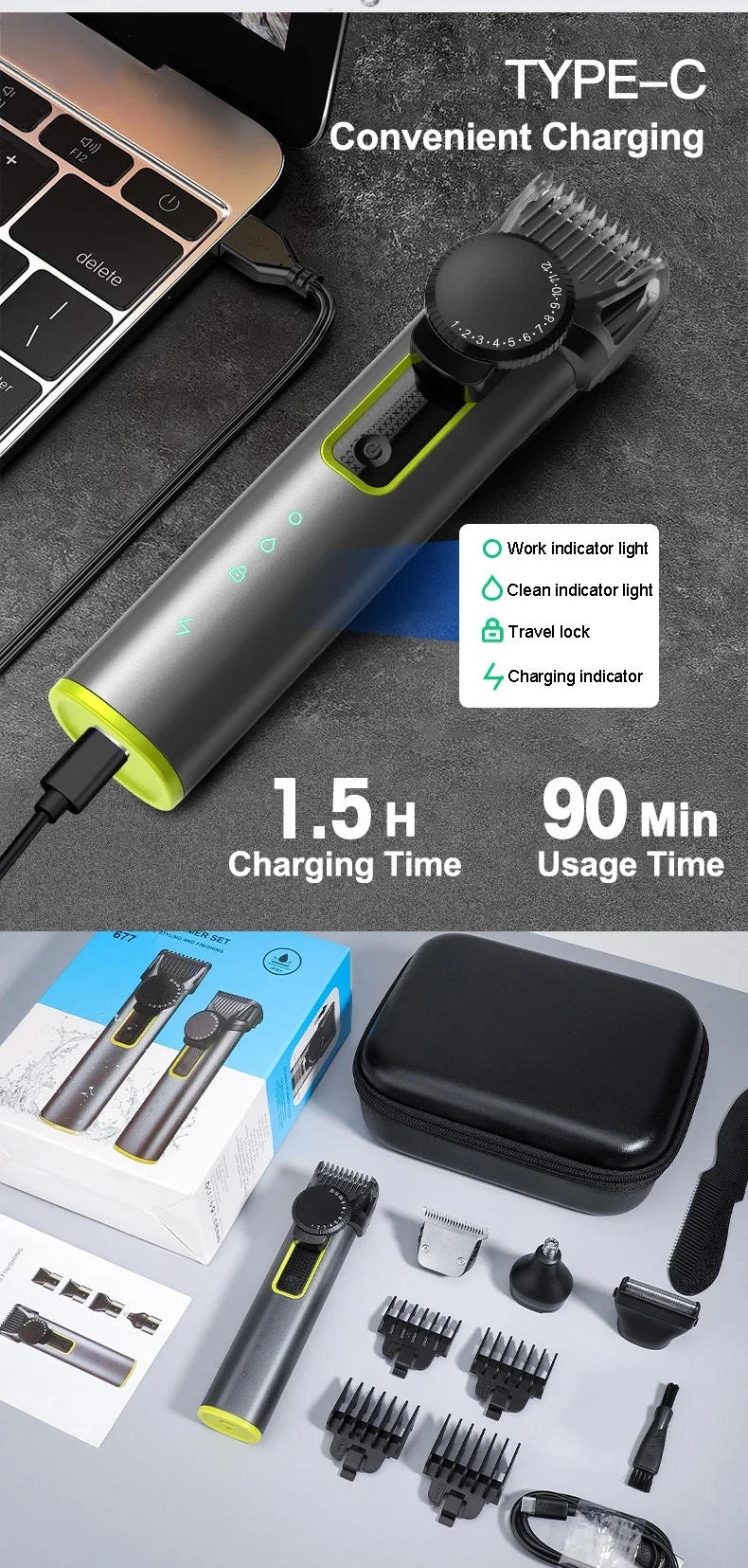 Description Picture 6 of itemMultifunctional Hair Clipper USB Charging IPX5 Waterproof Professional Electric Hair Clipper 4-in-1 Razor Nose Hair Trimmer Set