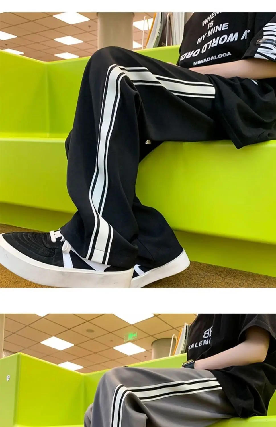 Description Picture 5 of itemAmerican street men and women trendy retro striped patchwork straight casual pants for spring and autumn loose wide leg pants