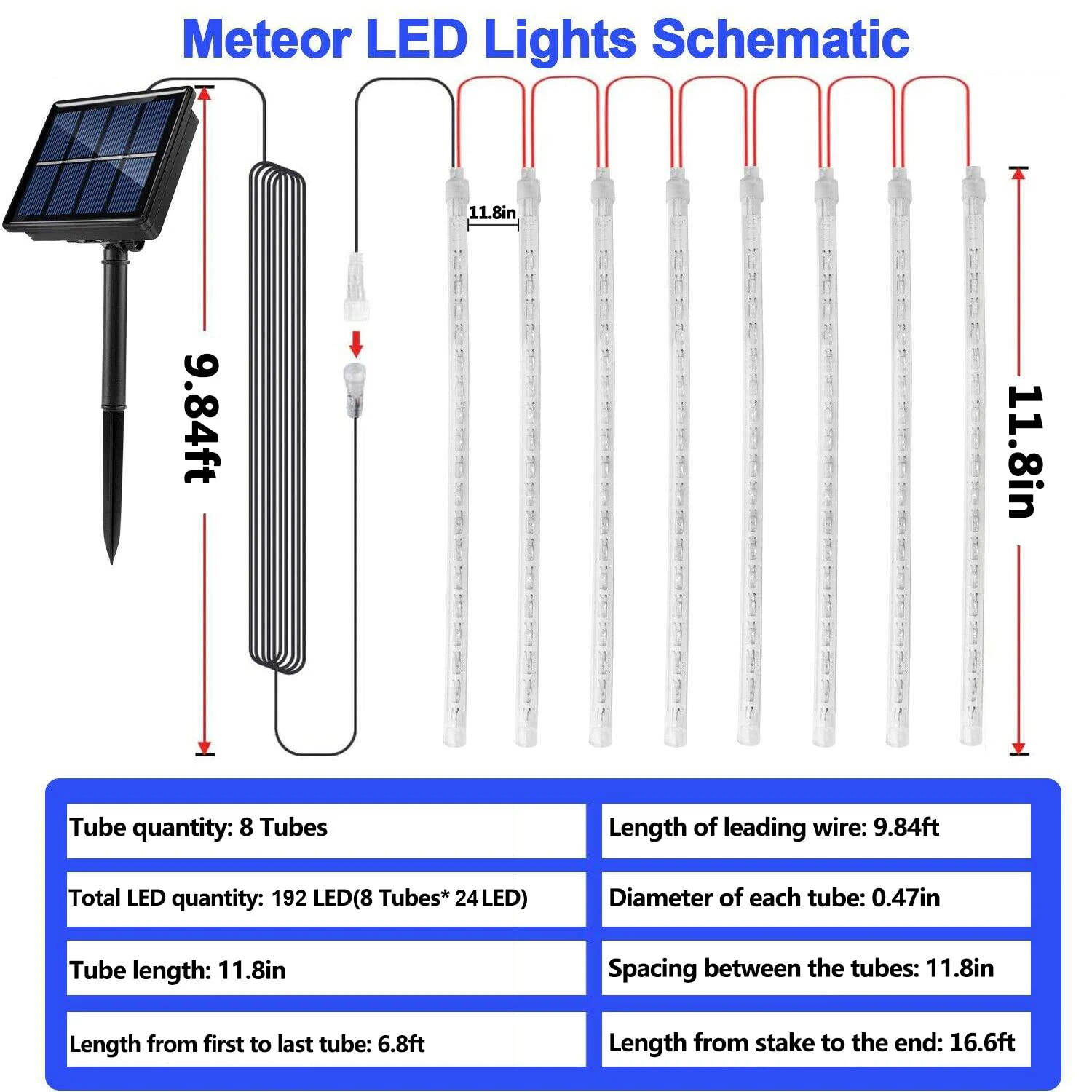 Description Picture 2 of itemSolar Christmas Lights Outdoor 8 Tubes 192 LED Solar Meteor Lights 30cm Falling Rain Lights for Tree Holiday Roof Xmas Decor