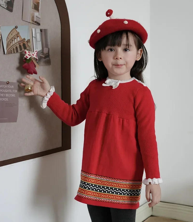 Description Picture 6 of item2025 Sweaters for Children Round Neck Vintage Long Sleeve Kids Dresseses Knitted Red Dress Cute Princess Girl Knitwear Clothes