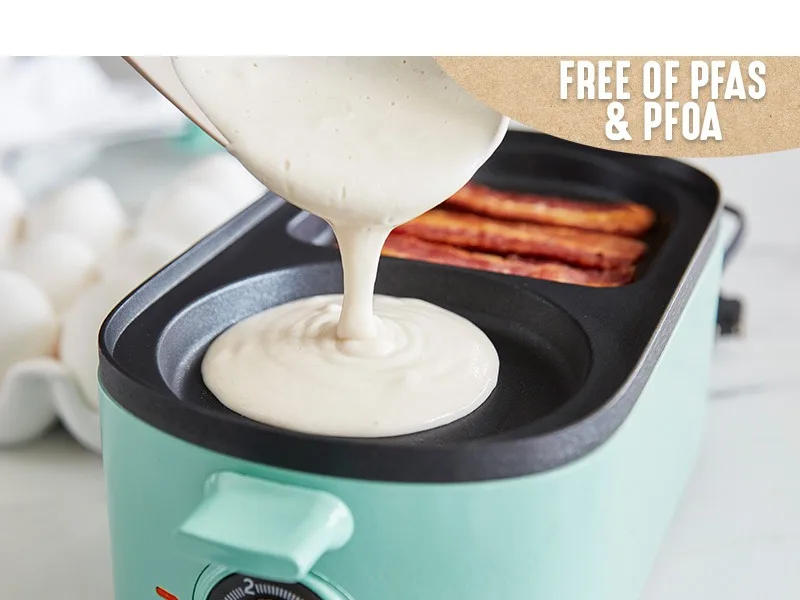 Description Picture 4 of item3-in-1 Breakfast Maker Station, Ceramic Nonstick Dual Griddles & Breakfast Sandwiches, 2 Slice Toast Drawer, Turquoise