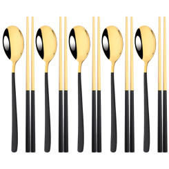 10Pcs Chopsticks Knife Fork Spoon Cutlery Set Black Gold Dinnerware Set Luxury 304 Stainless Steel Flatware Korean Tableware Set