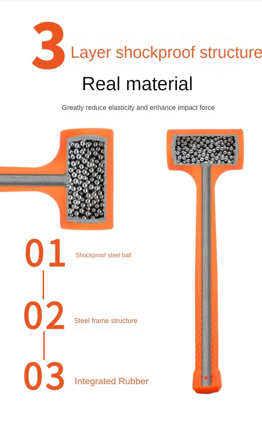 Description Picture 4 of item0.5-4LB Dead Blow Mallet Orange Soft Silent Rubber Unicast Hammer Install Hammer Multifunctional Wood Flooring No Elasticity