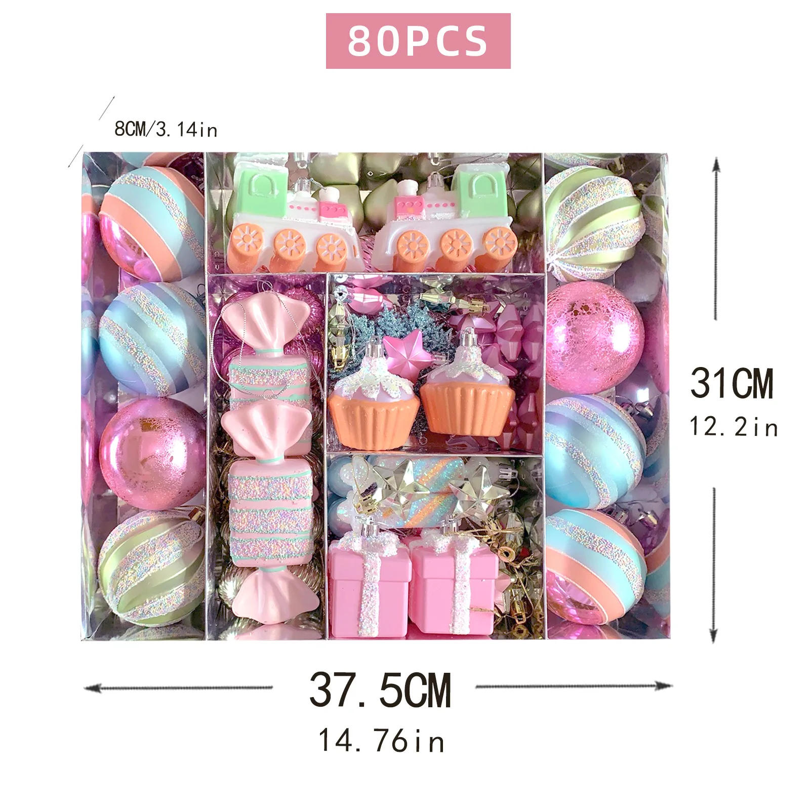 Description Picture 5 of item34/58/80pcs Pink Christmas Ball Ornaments Candy Box Plastic Painted Christmas Tree Party Decoration Christmas Spheres Pendant