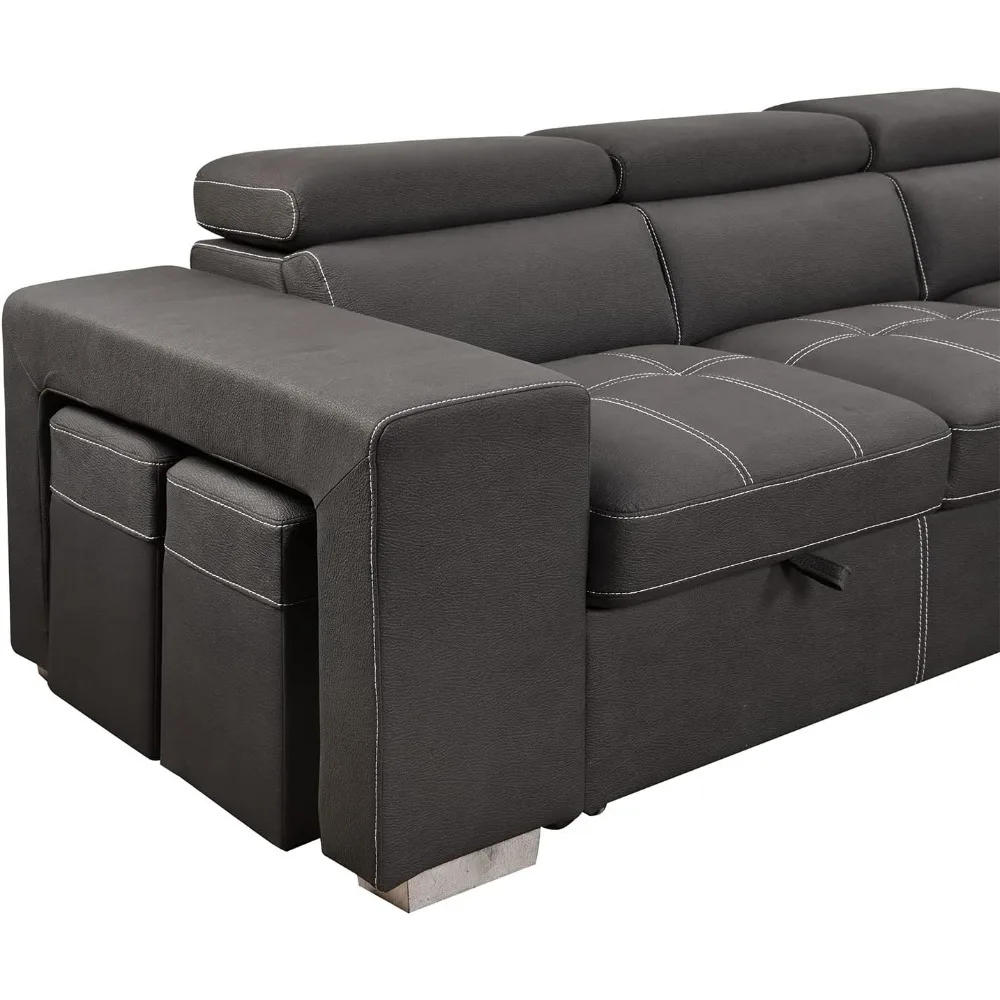 Description Picture 3 of item104'' Sectional Sleeper Sofa with Pull Out Bed and Storage Chaise Ottoman, L Shaped Couch with Adjustable Headrest and Stools