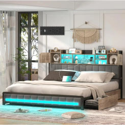 Queen Bed Frame, Bookcase Headboard, LED Lights W/ Charging Station, W/Storage Drawers, No Springs Required, Platform Bed Frame