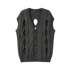 New Gray Hollow Knitted Vest Sweaters Oversized Solid Color V Neck Cardigan Vests Mens Mohair Sleeveless Knitwears Harajuku