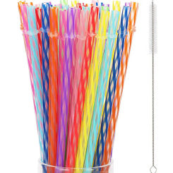 20pcs Mix Colours Spiral Stripes Hard PP Plastic Straw Reusable Drinking Straws with Cleaning Brush for Tumbler Jar 230mm Long