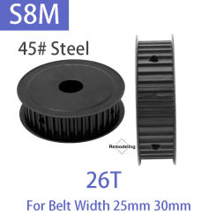 1pcs S8M Timing Pulley 45# Steel 26T Teeth Synchronous Wheel Groove Width 27/32mm For Belt Width 25mm 30mm Bore 8mm - 28mm