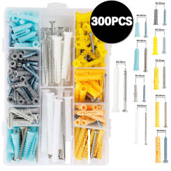 300PCS Drywall Anchors and Screws Assortment Kit , Plastic Wall Anchors and Philips Flat Head Screws and Wall Plug Bolts