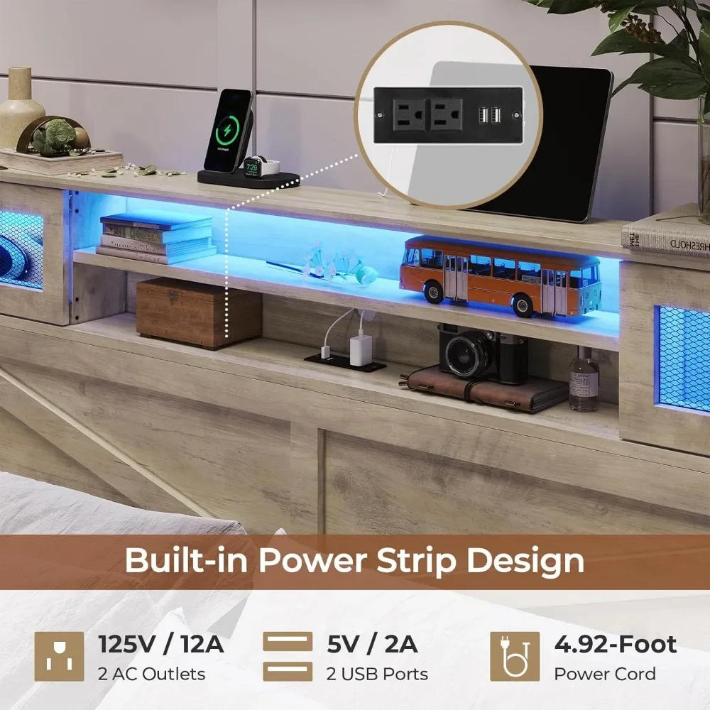 Description Picture 5 of itemKing Bed Frame with Headboard & 2 Drawers, Headboard with LED Lights and Charging Station, Wooden Bed Frame