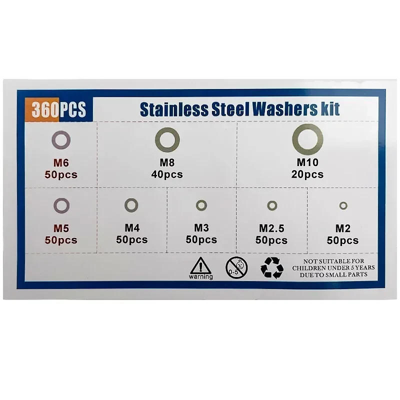 Description Picture 4 of item360pcs/Box M2 M2.5 M3 M4 M5 M6 M8 M10 304 Stainless Steel Washer Set Adjusting Shim Plain Gasket Assortment Kit Box