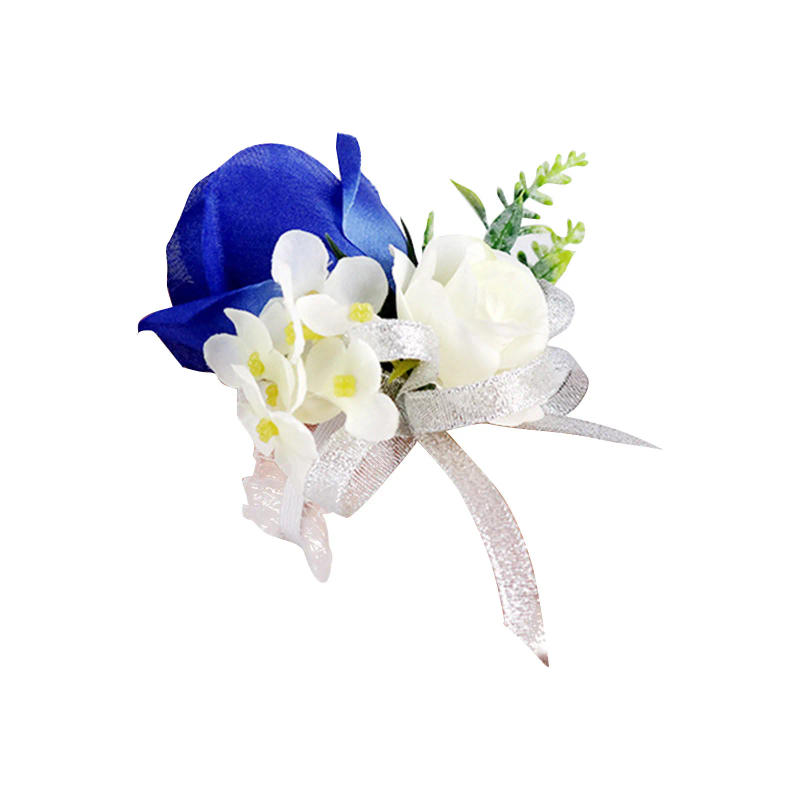 Description Picture 4 of itemWhite Roses Blue Ribbon Wrist Corsage Wedding Boutonnieres Tulip Bracelet Flowers Groom Man Suit Buttonhole Brooch Pins Marriage