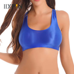 Womens Glossy Tanks U Neck Sleeveless Crop Top Vest for Sport Fitness Yoga Workout Cheer Booty Dance Tops Swimwear Clubwear