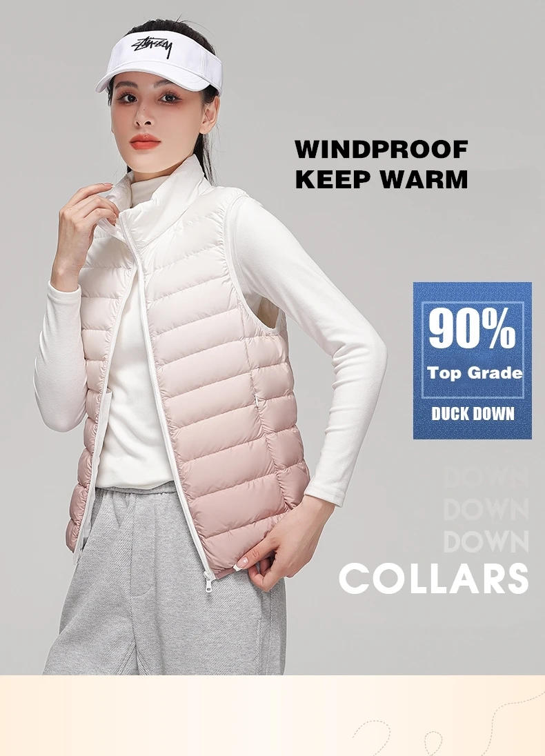 Description Picture 4 of itemWomen Fashion Gradient Ultra Light Down Vest 2022 Spring/Autumn New Female Stand Collar Slim Fit Sleeveless Puffer Jacket