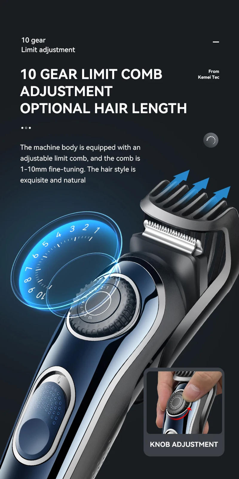 Description Picture 6 of itemKemei Cordless Adjustable 1-10mm Hair Trimmer For Men Face Beard Trimmer Rechargeable Edge Hair Clipper Electric Lithium Battery