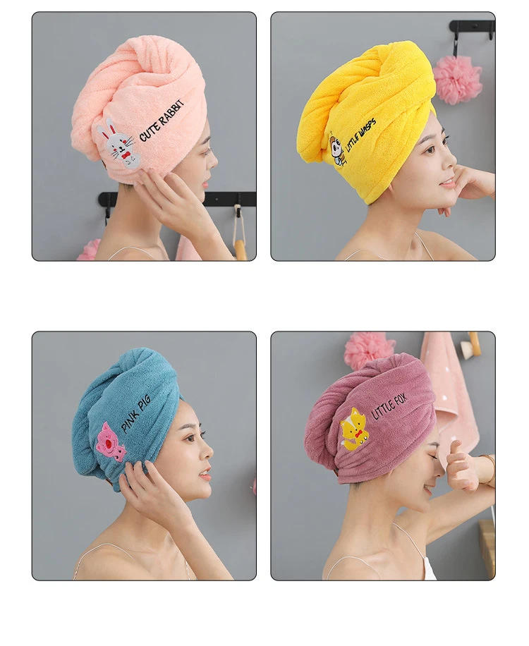 Description Picture 5 of itemCute Animal Embroidery Absorbent Shower Cap Coral Fleece Hair Drying Cap Towel Women Thicken Quick-Dry Turban Bathroom