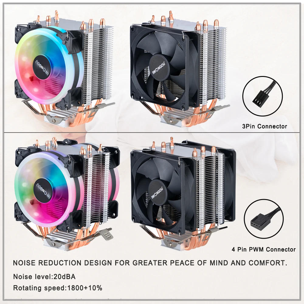 Description Picture 3 of itemCpu Cooler X99 4pin 90mm Radiator IWONGOU 4 Heatpipes Computer 4pin Cooling CPU Fans RGB for Intel Lga 2011/1366/1700/AMD/am4