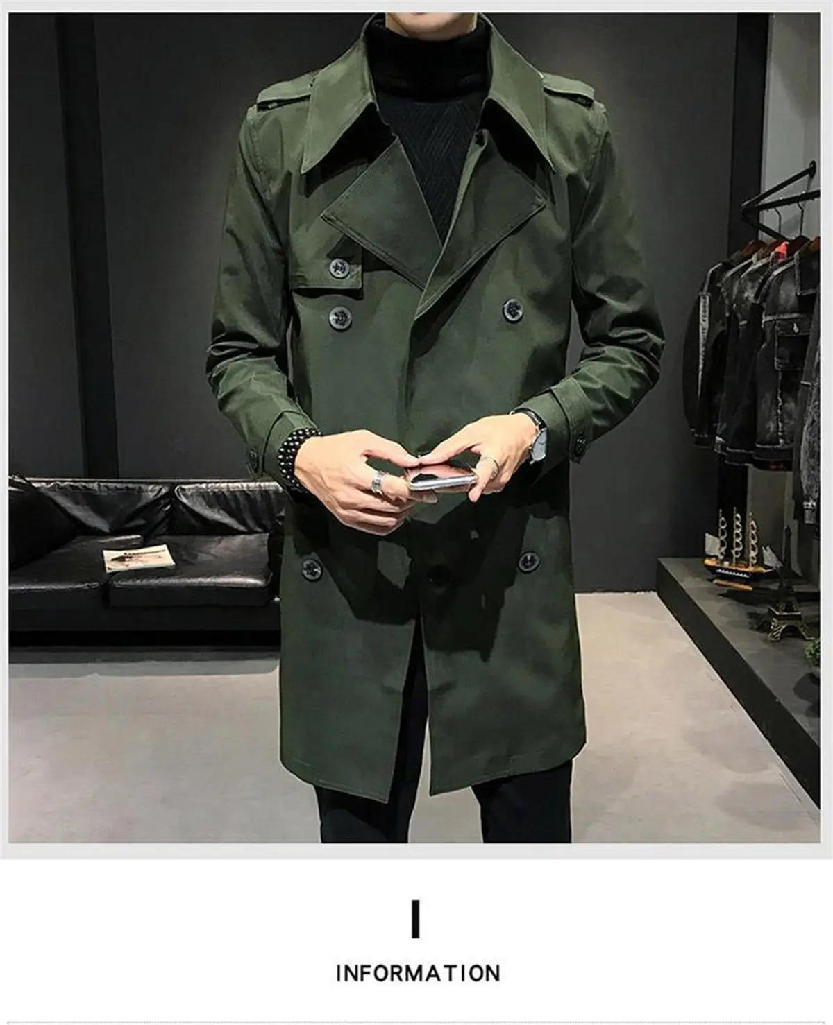 Description Picture 4 of itemTrench Coat Men Mid-Length Korean-Style Slim-Fit Trendy Outwear Male Casual Polo Collar Solid Color Double Breasted Outcoat 2024