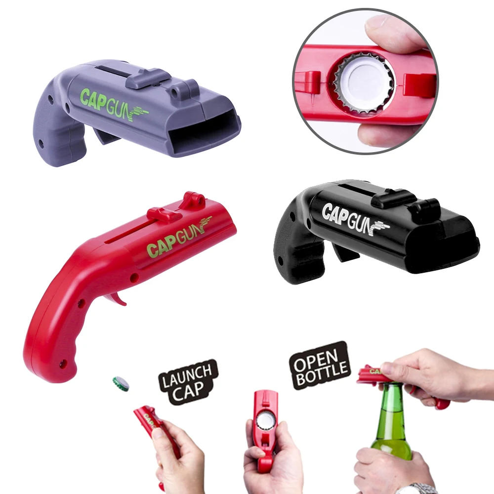 Description Picture 4 of itemCreative Can Opener Spring Cap Catapult Launcher Gun Shape Bar Tool Drink Opening Shooter Beer Bottle Opener Kitchen Gadget Set