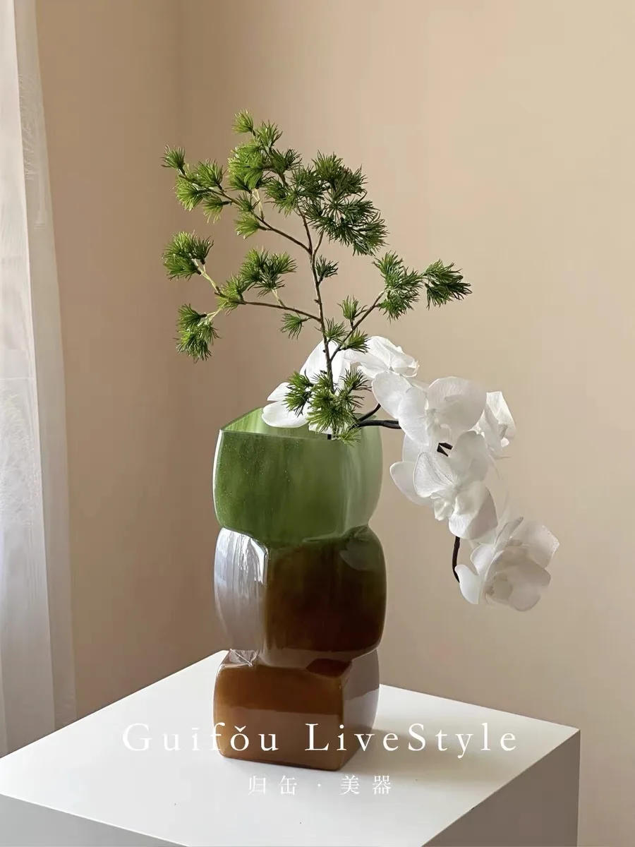 Description Picture 2 of itemGlass Vase Geometric Square Stacking Marbling Gradient Flower Vase Floral Arrangement Accessories Terrarium Flower Pot