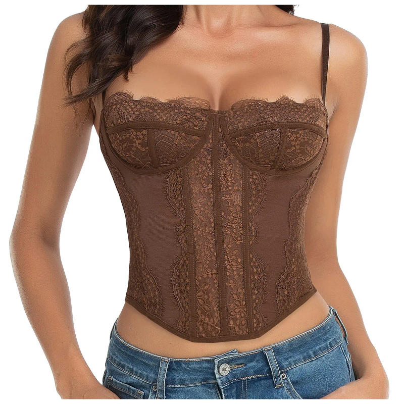 Description Picture 5 of itemWomens Sexy Gathering Tight Lace See Through Pure Desire Camisole Corset Top Solid Colot Front Buckle Slim Fit Bustier Corset