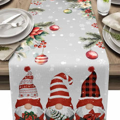 Christmas Gnomes Poinsettia Balls Linen Table Runner Party Decor Winter Xmas Kitchen Dining Table Runner Christmas Decorations