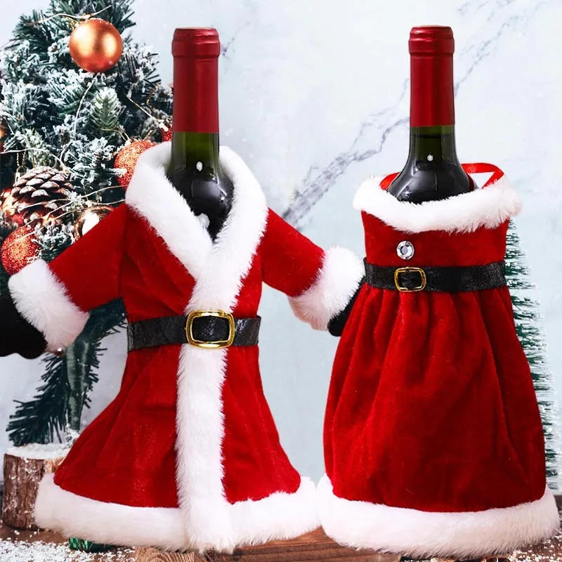Description Picture 2 of item6/1pc Christmas Wine Bottle Cover Red Velvet Dress Clothes Bottles Bags for Xmas Dinner Table New Year Party Home Decoration