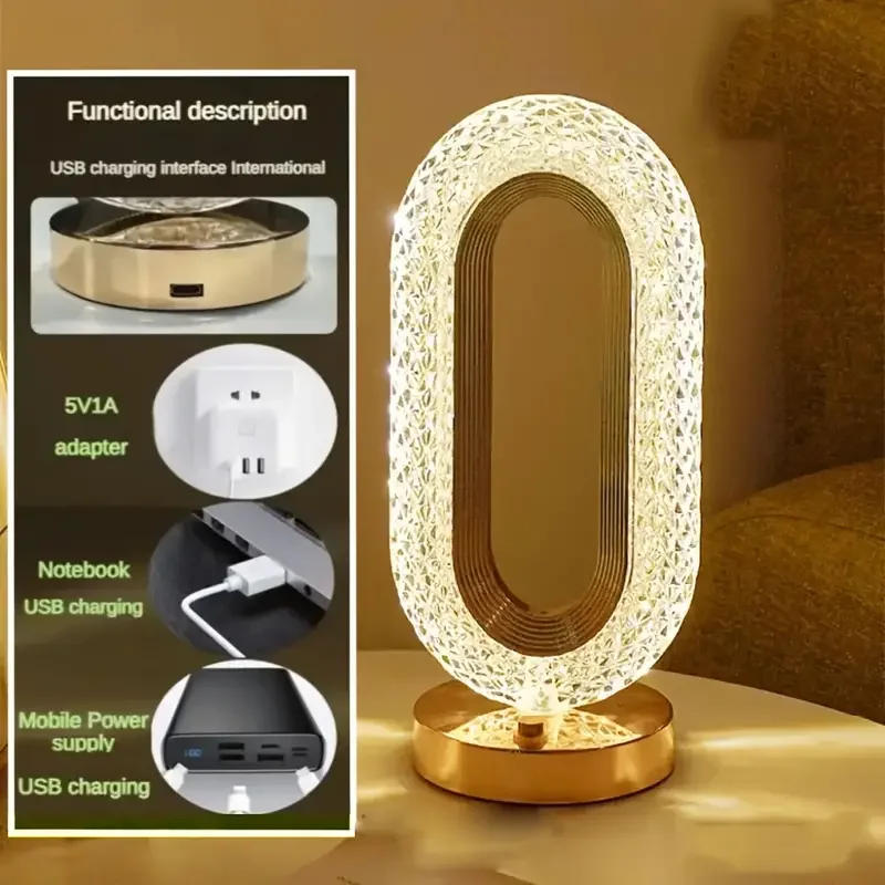 Description Picture 5 of item1pc Modern Portable Crystal LED Table Lamp 3-Level Brightness Touch Control Rechargeable Desk Lamp 3 Color Settings Night Light