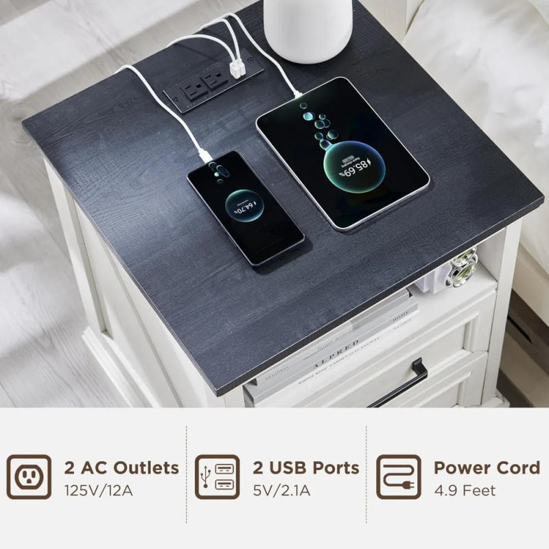 Description Picture 4 of item18" Farmhouse Nightstand with Charging Station,End Table with 2 Drawers Storage,Side Table,Bedside Cabinet for Bedroom,Living Ro