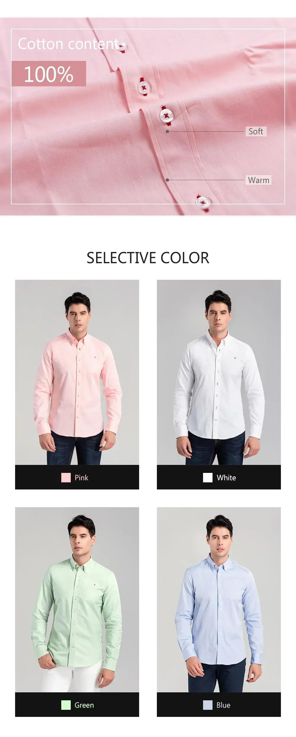 Description Picture 4 of itemNew Fashion 100% Cotton Long Sleeve Shirt Solid Slim Fit Male Social Casual Business Shirts High Quality