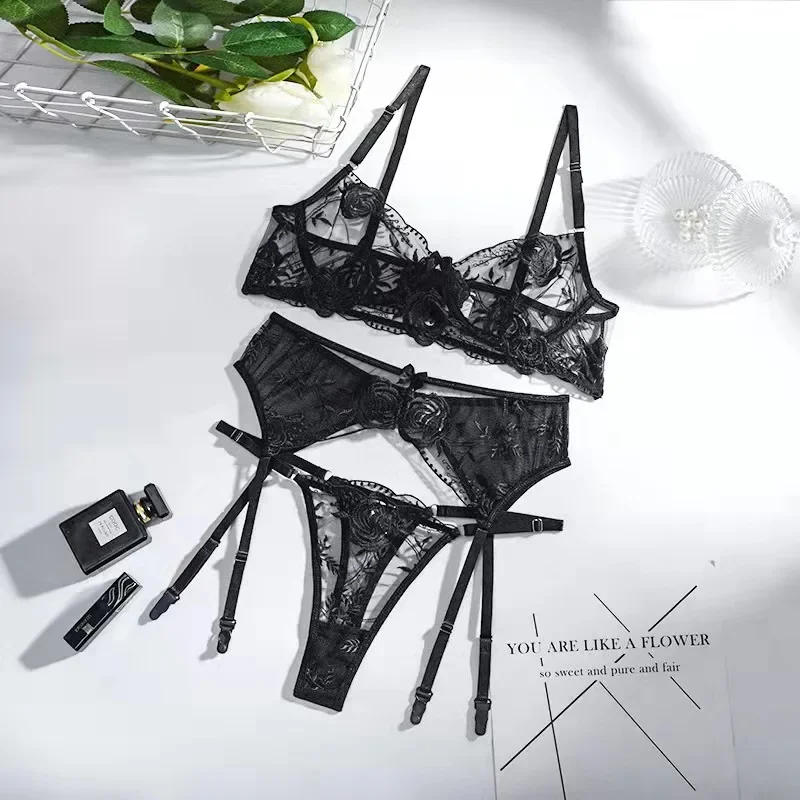 Description Picture 6 of item3 Pieces Sexy Lace Embroidery Bra Set For Women Transparent Mesh Patchwork Perspective Sexy Garters Steel Rings Underwear Set