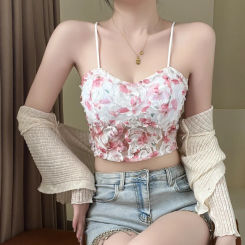 Lace Crop Top Women Rose Floral Bra Mesh Tube Top Beauty Back Bra Seamless Cami with Chest Pads Sexy Tank Top Sweet Lingerie