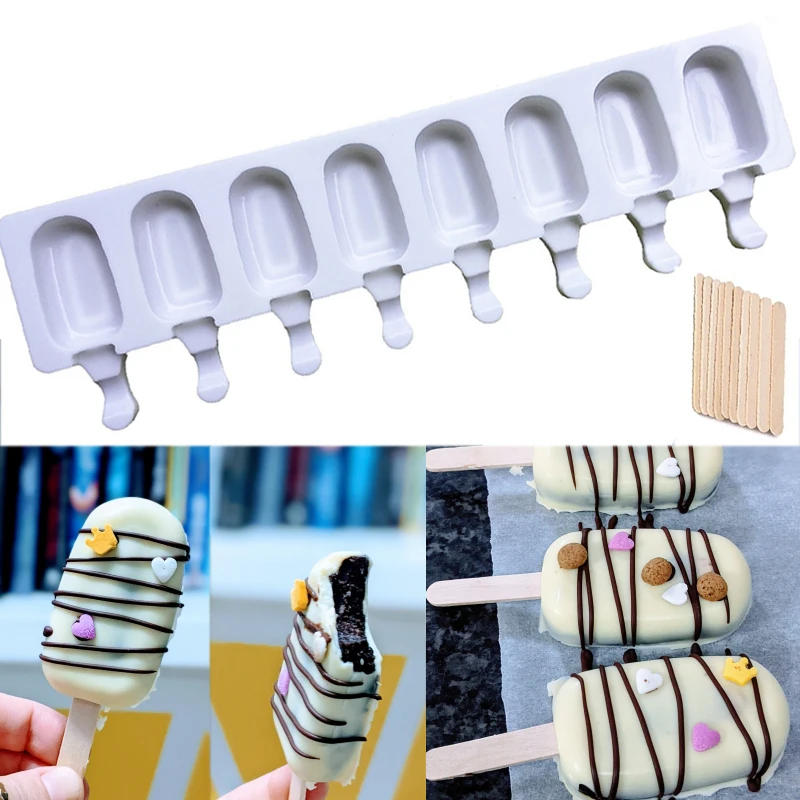 Description Picture 3 of item4/8 Hole Food Grade Silicone Ice Cream Mold Ice Pop Cube Popsicle Mold With Sticks Dessert DIY Magnum Cake Mold Ice Cream Maker