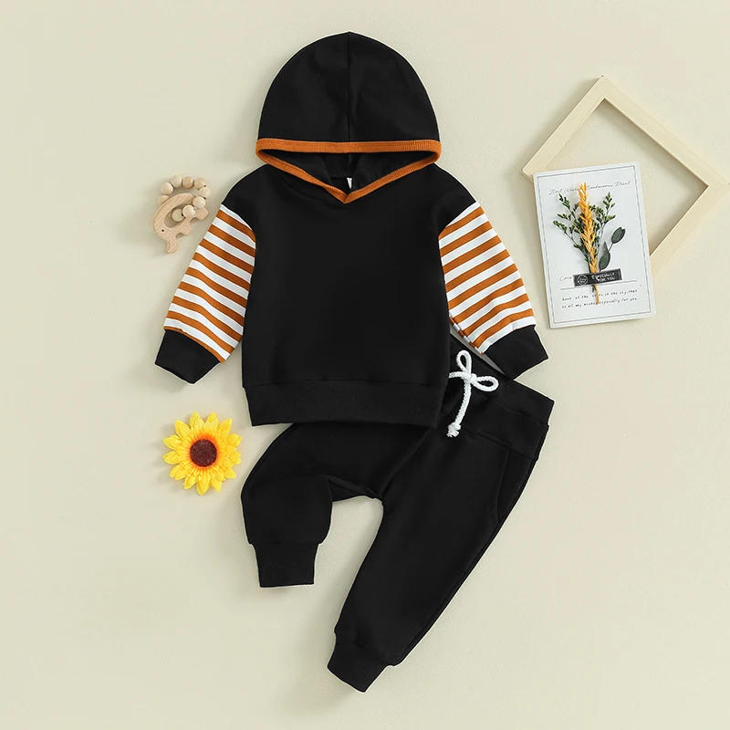 Description Picture 2 of itemBaby Boys Pants Set Long Sleeve Hooded Striped Hoodie with Elastic Waist Sweatpants Infant Clothes