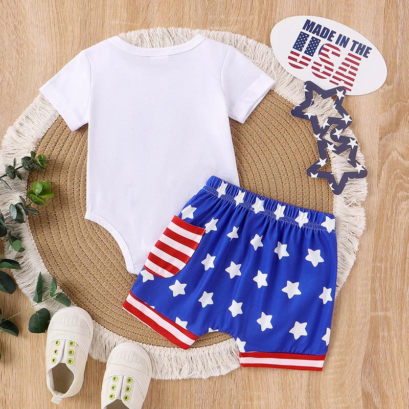 Description Picture 2 of itemBoys 4th of July Shorts Sets Short Sleeve Letter Car Embroidery Romper Star Stripe Print Shorts Sets