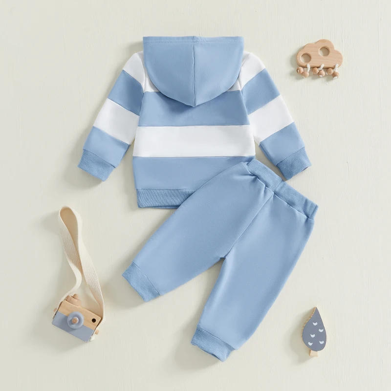 Description Picture 3 of itemBoy Autumn 2PCS Outfit Sets Long Sleeve Striped Hoodie Solid Color Elastic Band Pants Sets