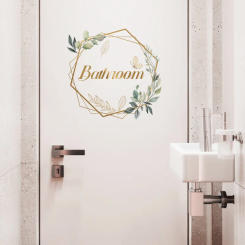 Green Plant Toilet Door Sticker Golden Letter Removable Self-adhesive Waterproof PVC Bathroom Decoration Decal Home Supplies