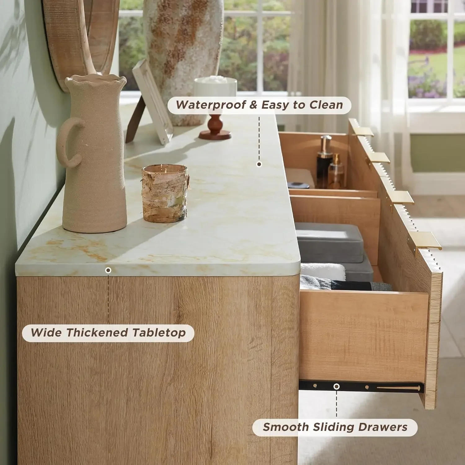 Description Picture 6 of itemFluted 6 Drawers Dresser 54" Wide Modern Chest Of Drawers With Faux Marble Top Curved Profile Design Dresser Natural Oak