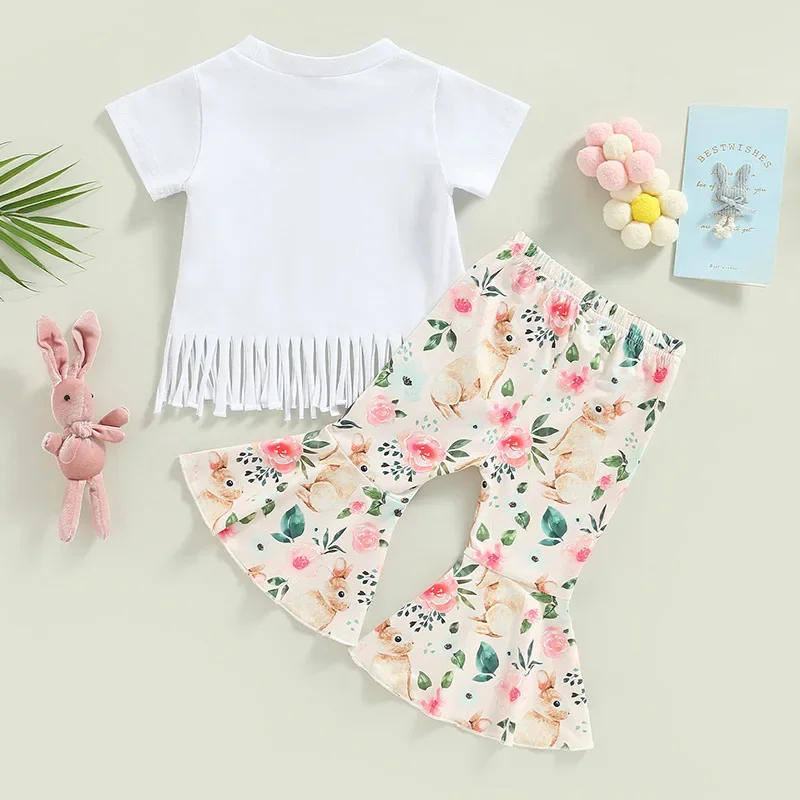 Description Picture 5 of item2025 European and American Summer Set, Girls' Easter Bunny Print Tassel Short Sleeved Trumpet Pants Two-piece Set