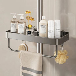 Bathroom Shower Storage Rack Lifting Rod Shower Gel Shampoo Organizer No Drilling Aluminum alloy Holder With Hooks