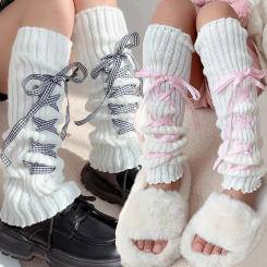 Women Lolita Leg Warmers Autumn and Winter Ribbon Lolita Black Knee Warmers Long Socks JK Knitted Girl White Leg Warmers