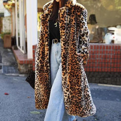 Winter Warm Cardigan Windbreaker Coat Women Faux Fur Leopard Long Overcoat Tailored Collar Loose Trench