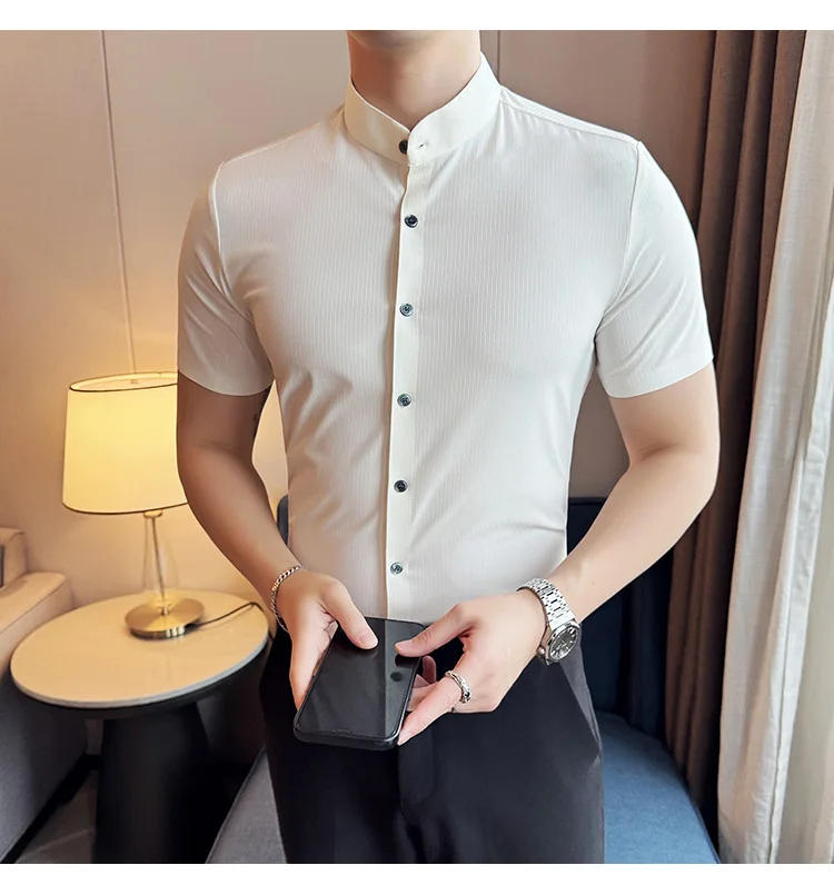 Description Picture 6 of itemSummer High Quality New Solid High Elasticity Seamless Short Sleeve Shirts Men Slim Social Casual Business Formal Dress Shirt