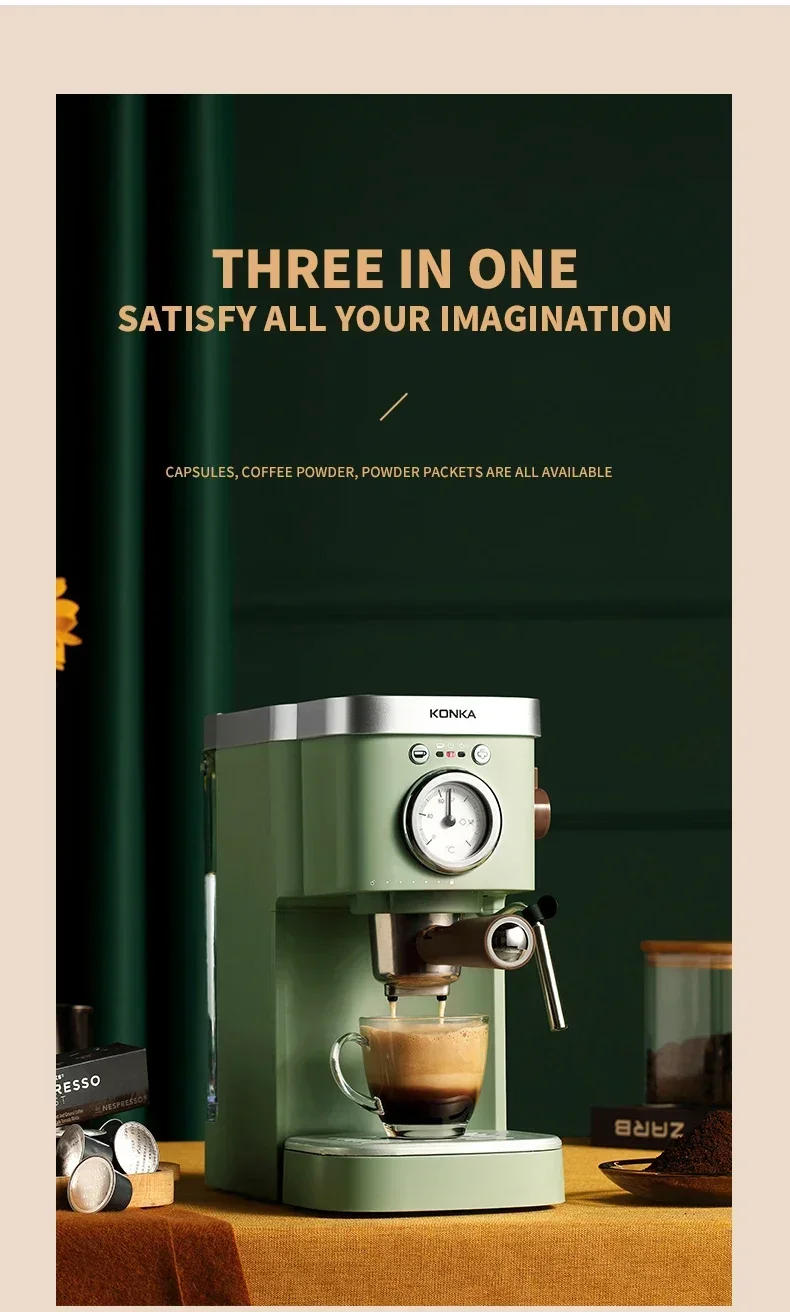 Description Picture 5 of itemKONKA Italian Coffee Machine Retro Green Milk Frother Coffee Maker Powder Capsule Espresso Making Coffee Drinks Maquina De Cafe