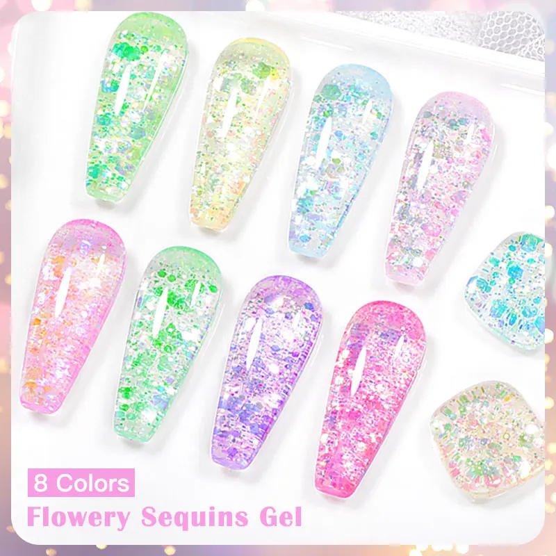 Description Picture 5 of item7ml Flowery Glitter Sequins Gel Nail Polish Shiny Sparkling Color Semi Permanant Soak Off Manicure Nail Art Varnish