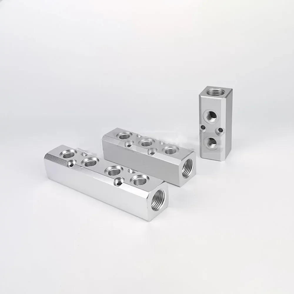 Description Picture 6 of item30x30mm 40x40mm WxH 1/2" inlet to 1/4" Outgassing Female 2 3 4 -7 8 10 Ways Solid Aluminum Pneumatic Air Manifold Block Splitter