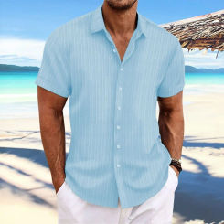 2024 New Men's Loose Short-sleeved Cotton and Linen Striped Printed Casual Cardigan