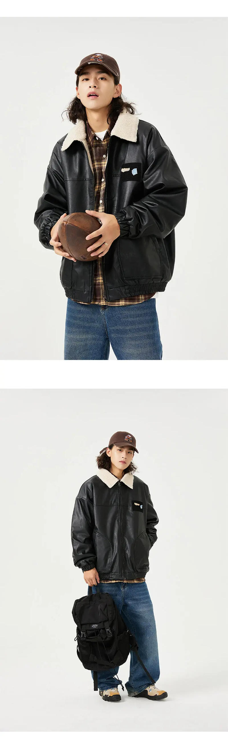 Description Picture 3 of itemMen Winter Lamb Faux Fur Lining Thick Warm Vintage Leather Bomber Jacket Cityboy Streetwear Fashion Loose Casual Coat Outerwear