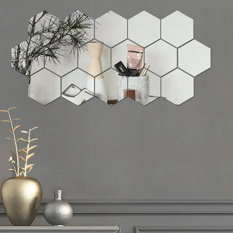 Description Picture 6 of item6/48Pcs Hexagonal Acrylic Mirror Wall Stickers Mirror Solid Paster Self-adhesive Gold Silver Decals Home Bedroom Art Decoration